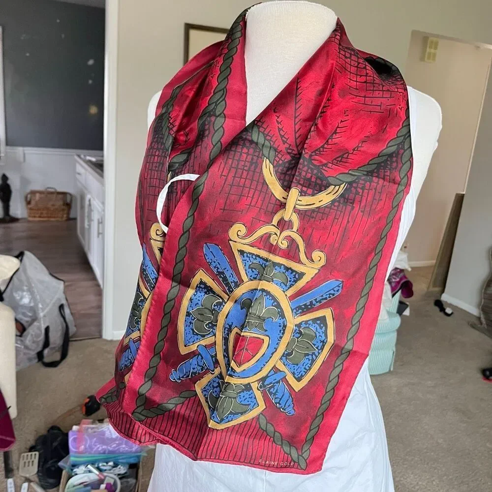 VTG Silk Scarf Elaine Gold Crest Shield Red Gold Equestrian Wrap 50
